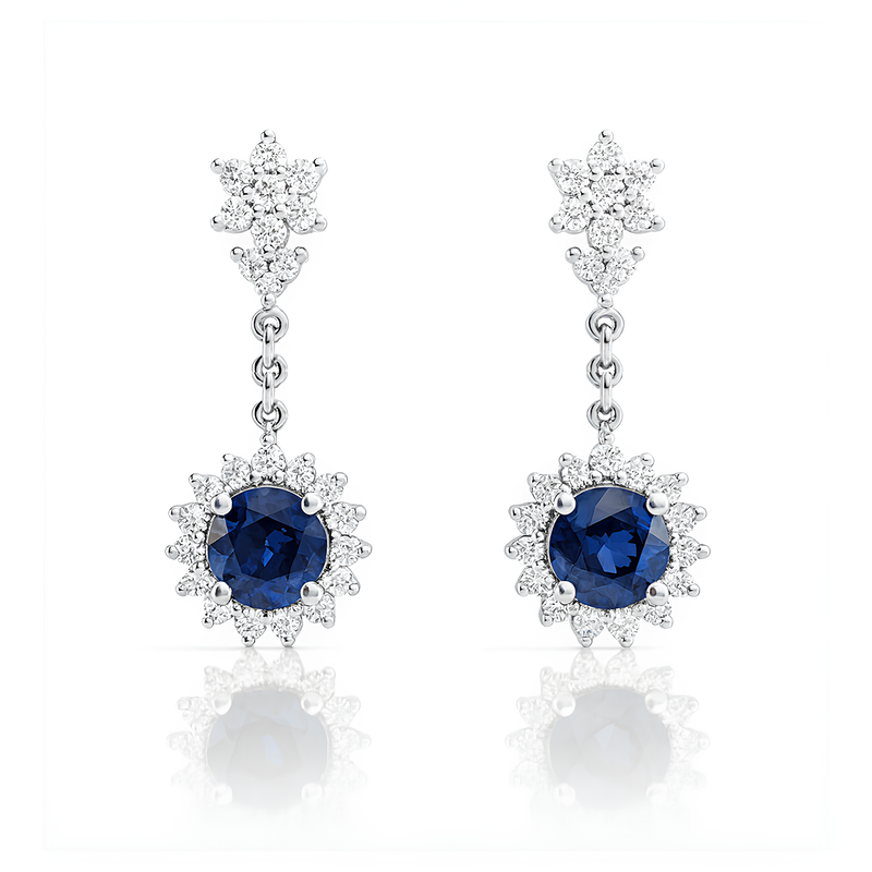 18K White Gold Round Cut Blue Sapphire Halo Drop Earrings 1ct