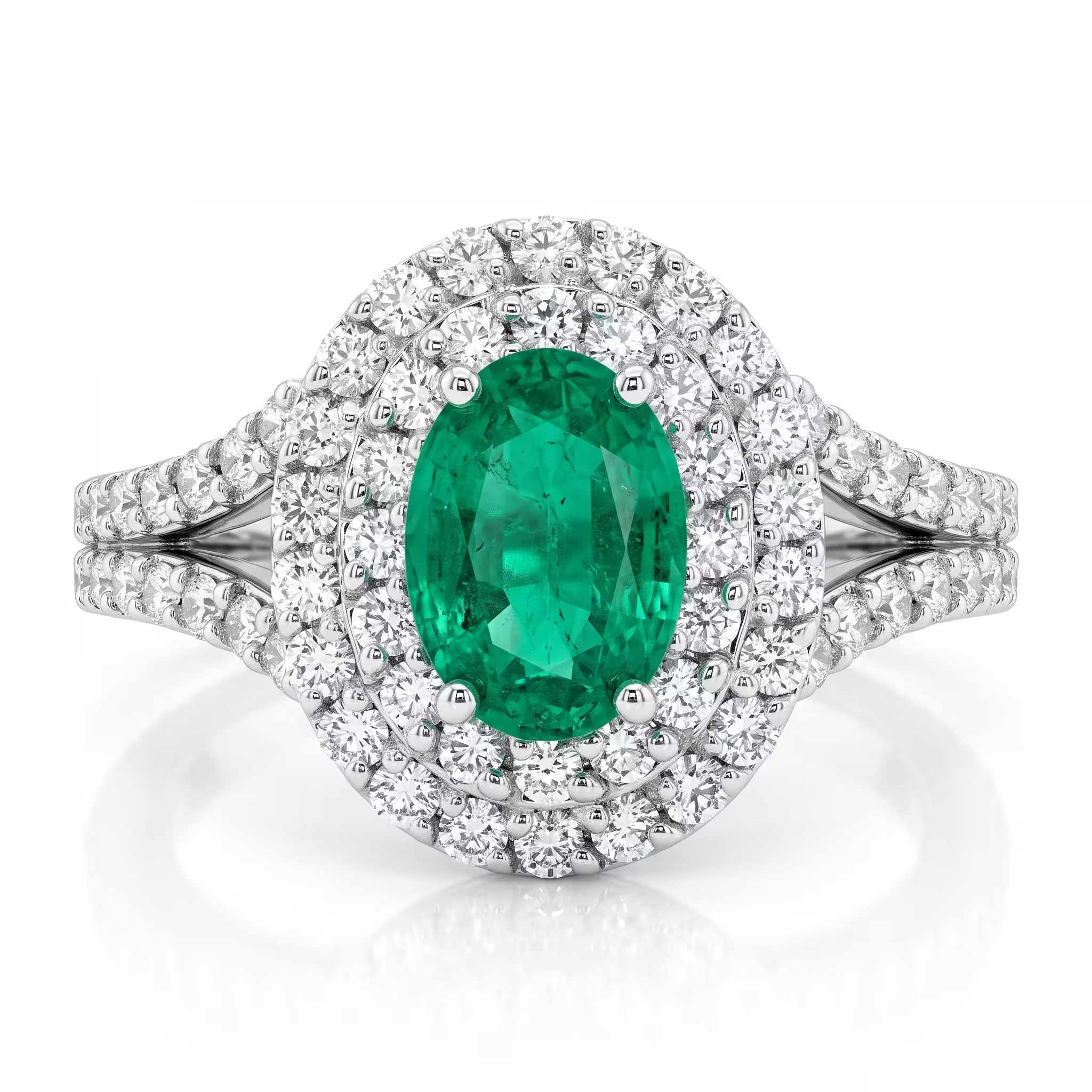 0.65ct Oval Cut Colombian Emerald Double Halo Setting Engagement Ring - 18K Gold
