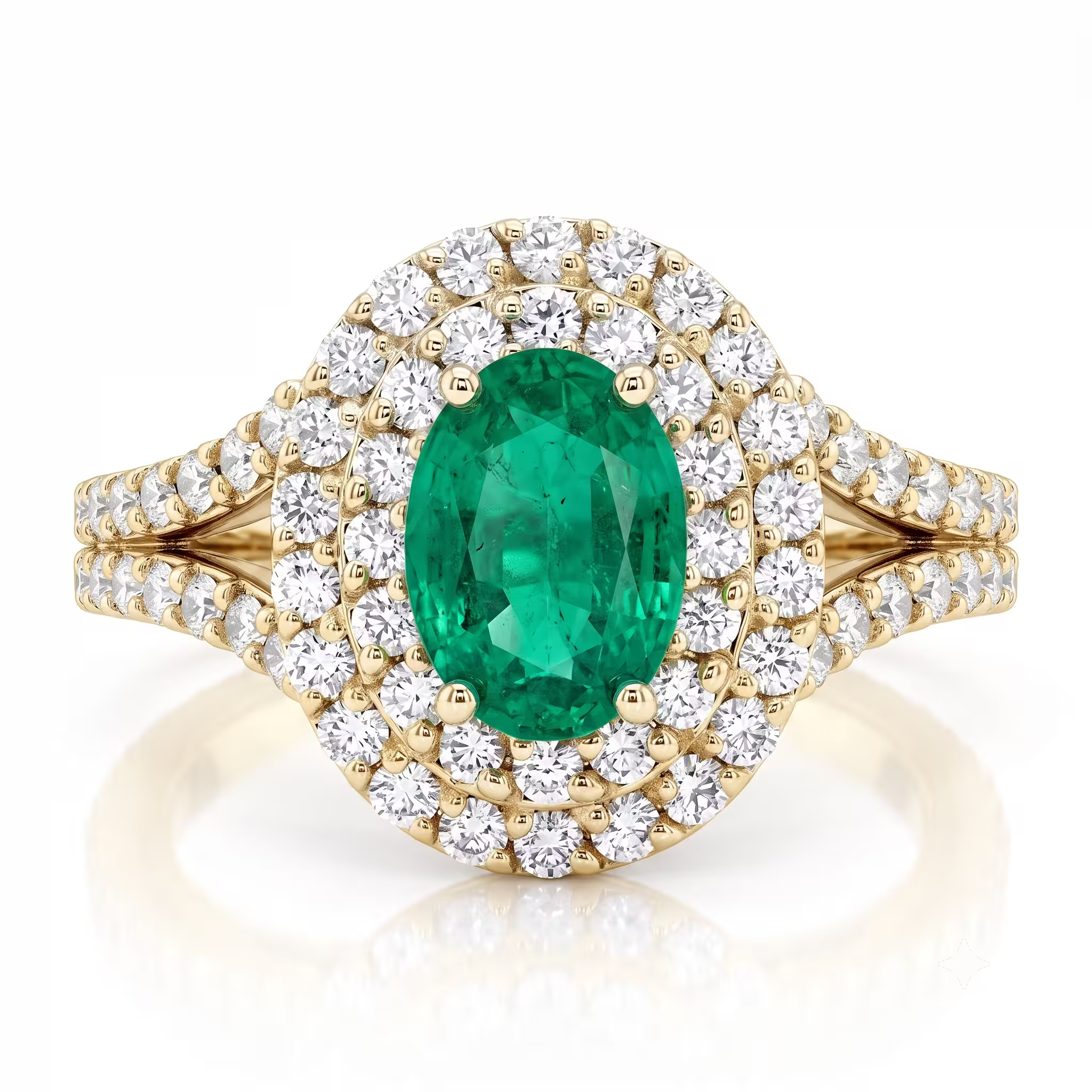 0.65ct Oval Cut Colombian Emerald Double Halo Setting Engagement Ring - 18K Gold