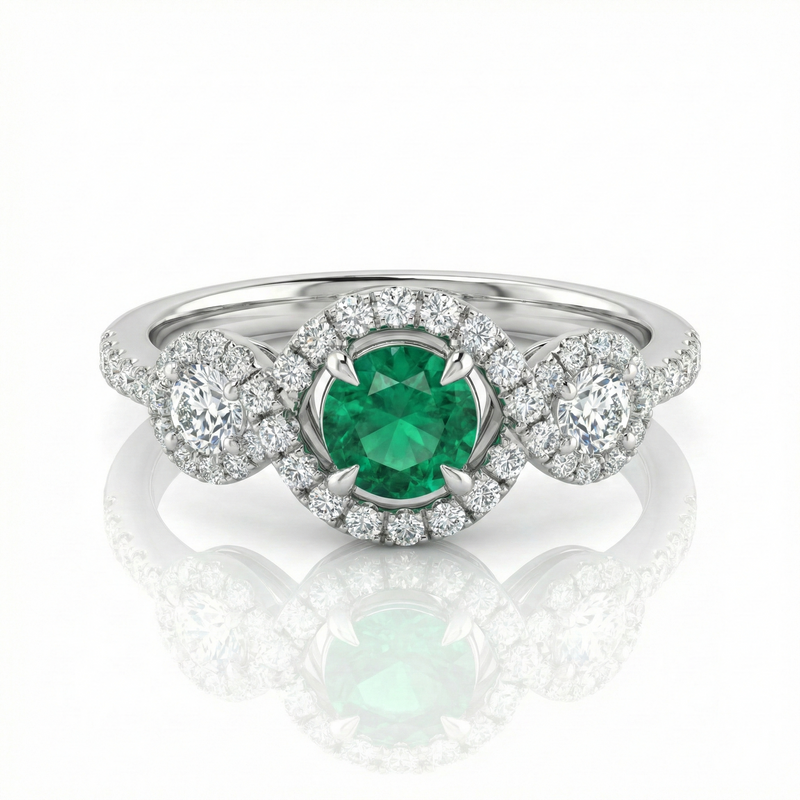 0.38ct Round Cut Emerald Halo Setting Engagement Ring