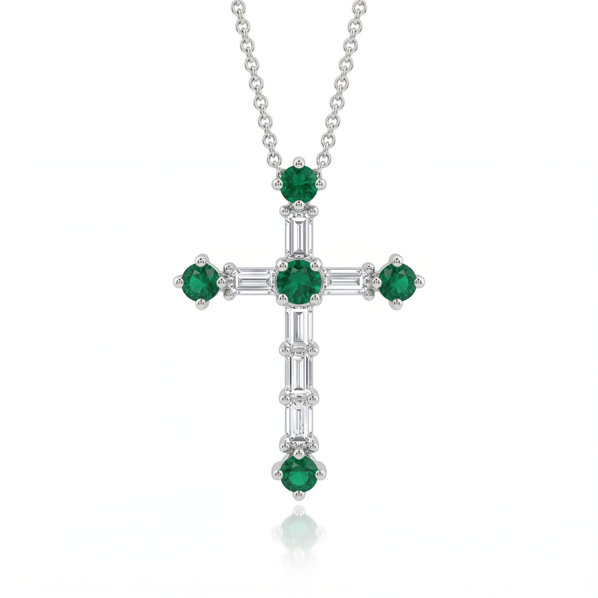 Emerald & Natural Diamond Cross Pendant Necklace in 18K White Gold