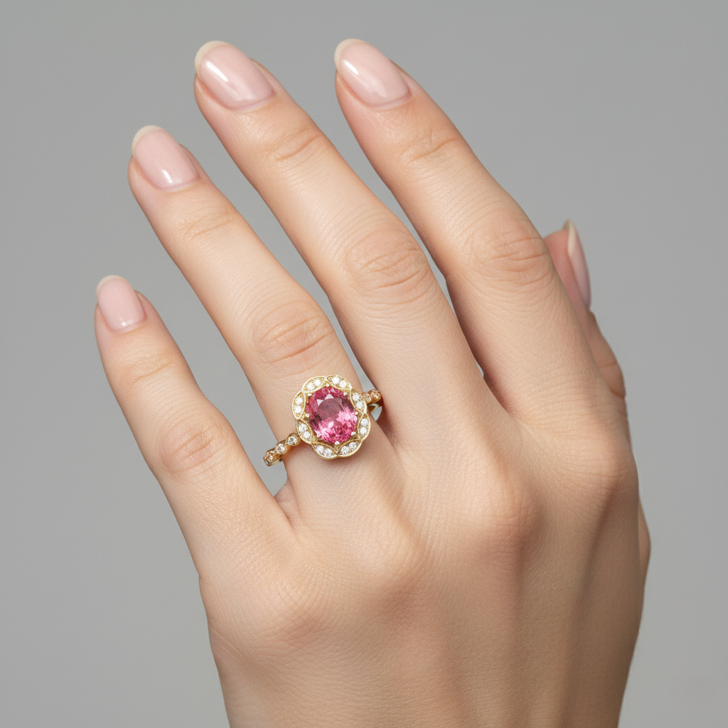 1.40ct Peach Sapphire Engagement Ring | F VS1 Diamonds | 18K Gold