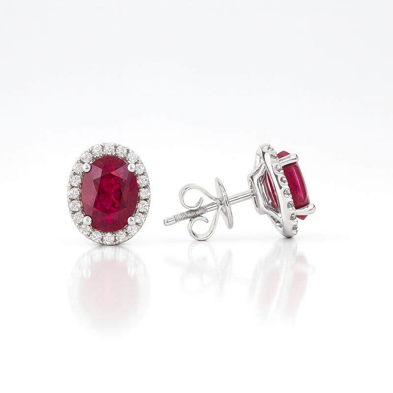 Oval Ruby Halo Setting Stud Earrings 2.00CT 18K White Gold