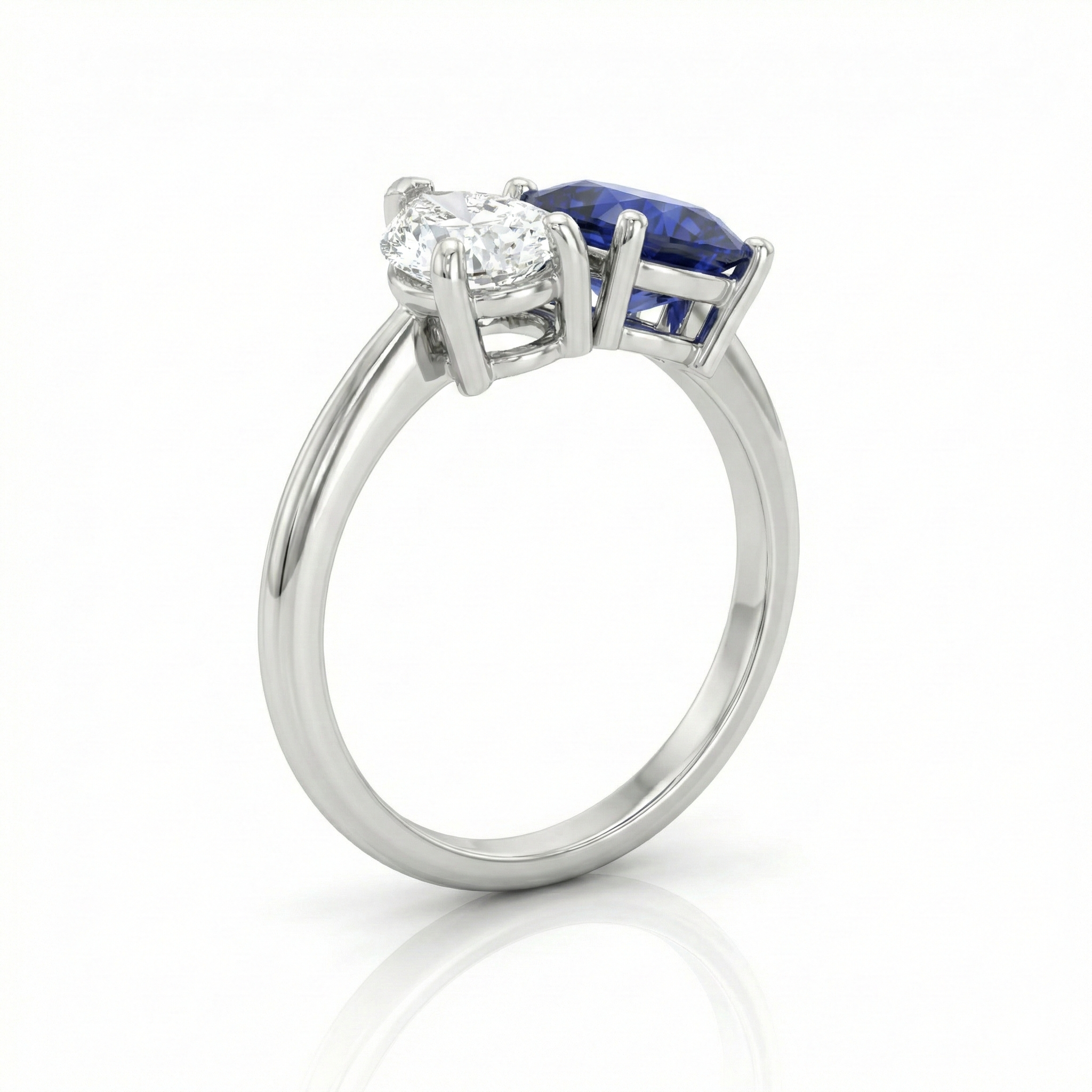 2 Stones Natural Pear & Blue Sapphire Cushion Cut Engagement Ring