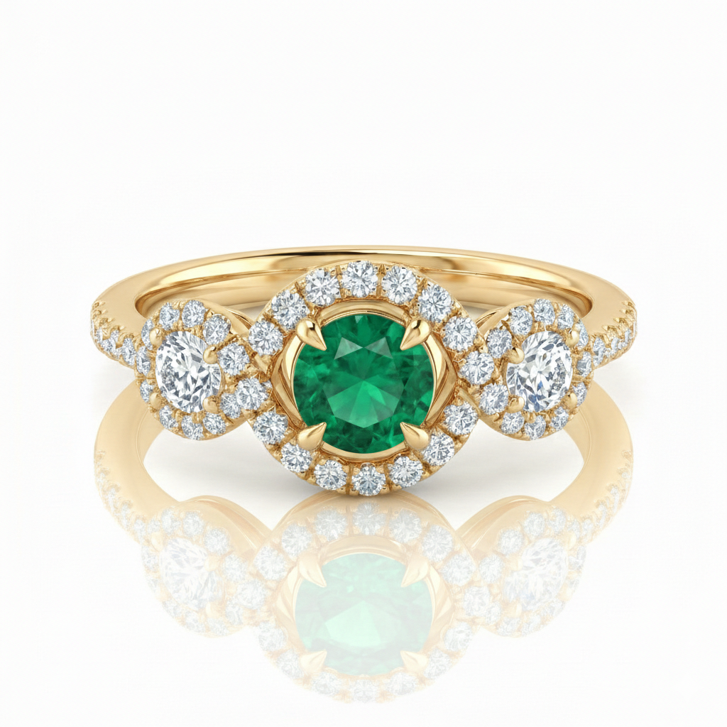 0.30ct Round Cut Emerald Halo Setting Engagement Ring