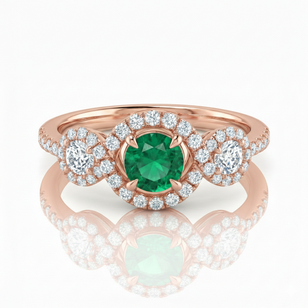 0.30ct Round Cut Emerald Halo Setting Engagement Ring