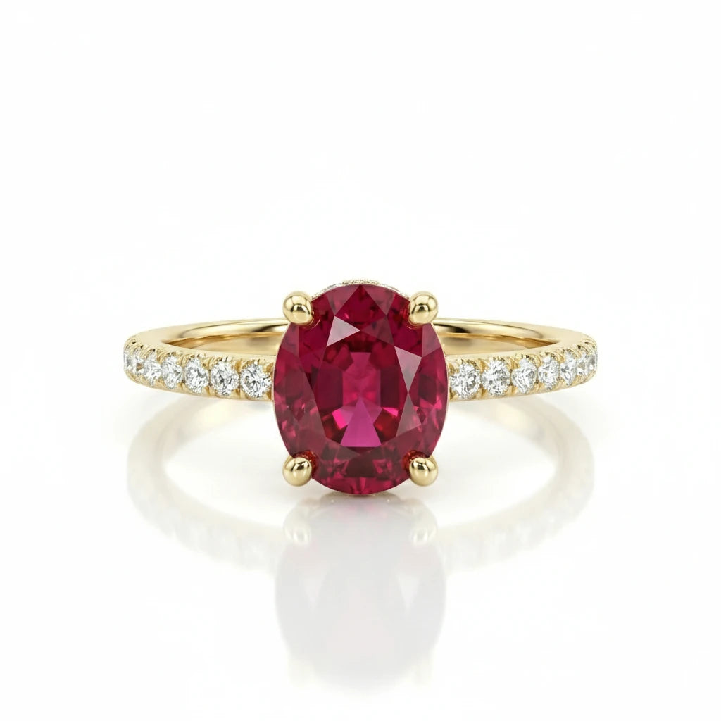 1.72ct Oval Cut Thai Ruby Engagement Ring, 18K Gold