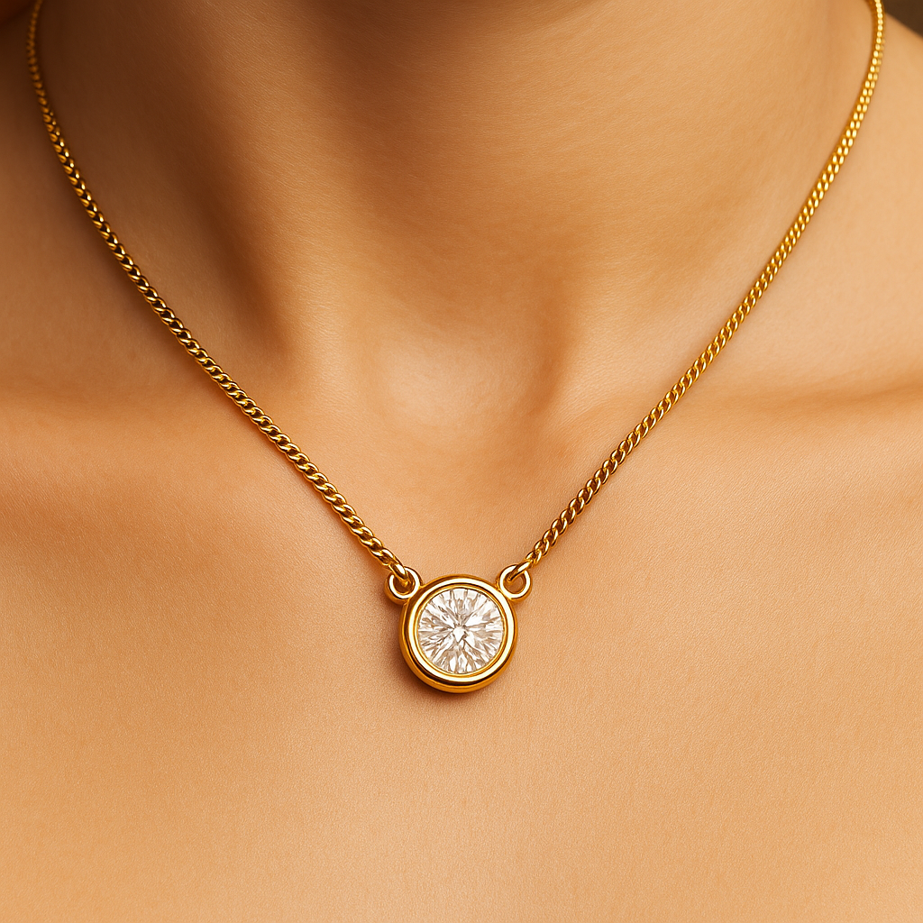 18K White Gold Round cut Natural Diamond Bezel Set Pendant Necklace 0.59CT