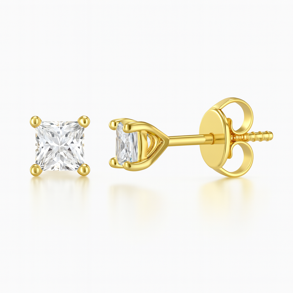0.42ct Princess Cut Natural Diamond Stud Earrings, 18ct Yellow Gold