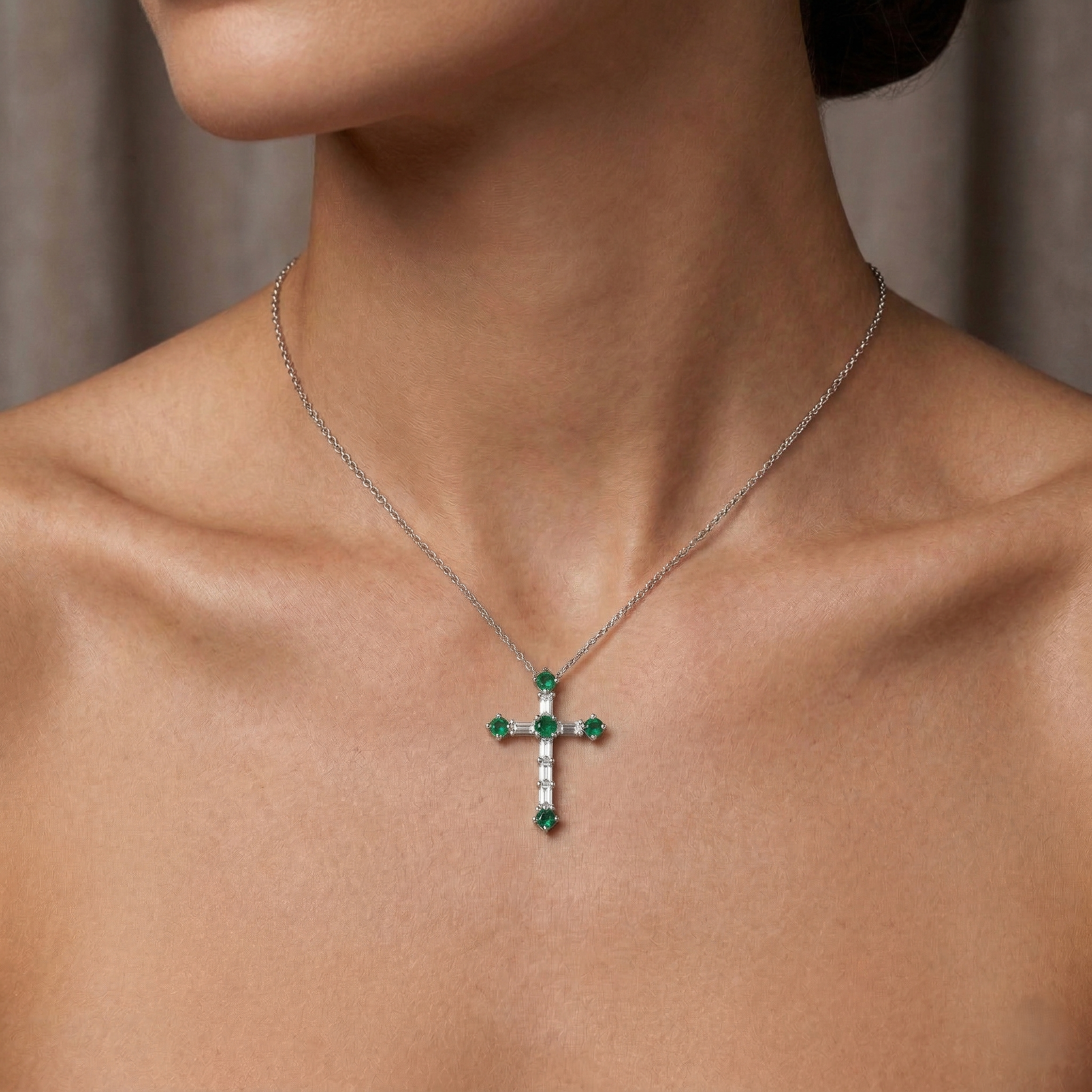 Emerald & Natural Diamond Cross Pendant Necklace in 18K White Gold