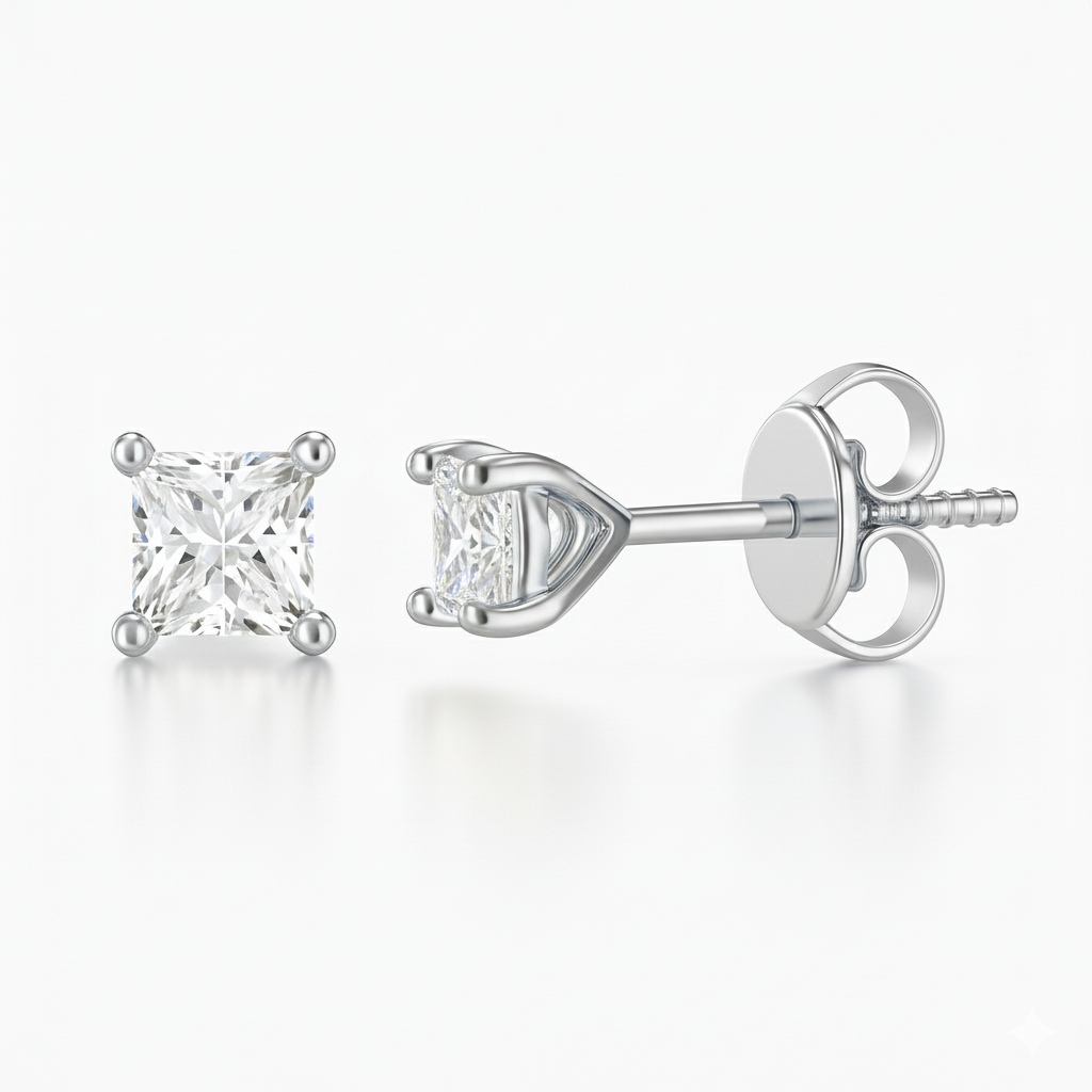 0.44ct Princess Cut Natural Diamond Stud Earrings, 18ct White Gold