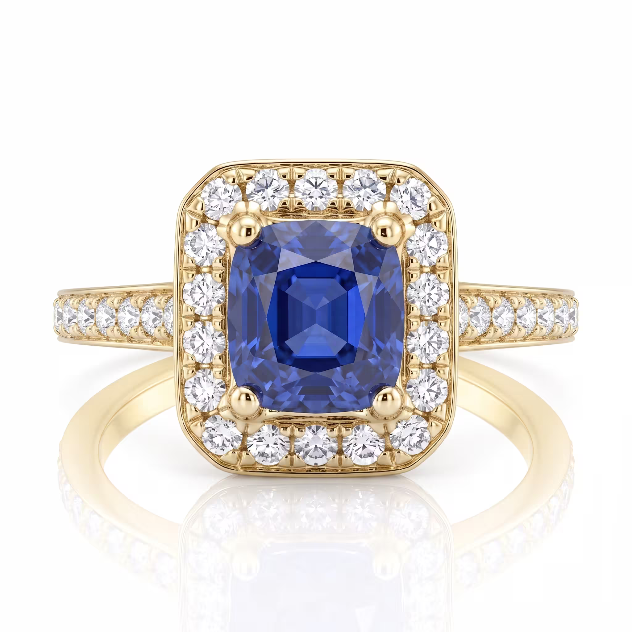 1.02ct Cushion Cut Blue Sapphire Halo Setting Engagement Ring - 18K Gold Chloe's Jewellers