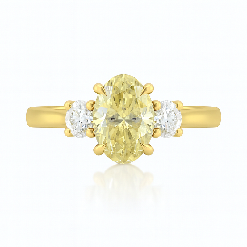 Trilogy Setting Natural Fancy Intense Yellow Oval Diamond Engagement Ring