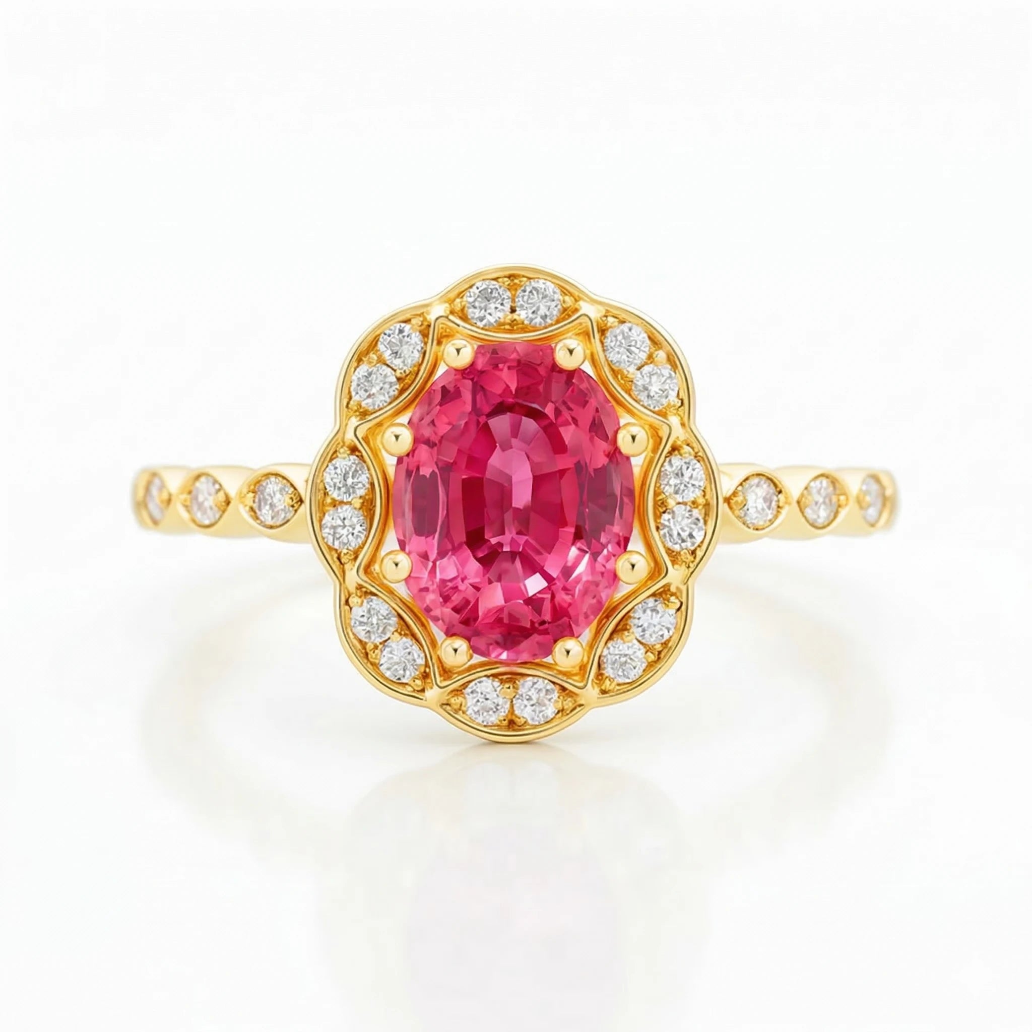 1.40ct Peach Sapphire Engagement Ring | F VS1 Diamonds | 18K Gold