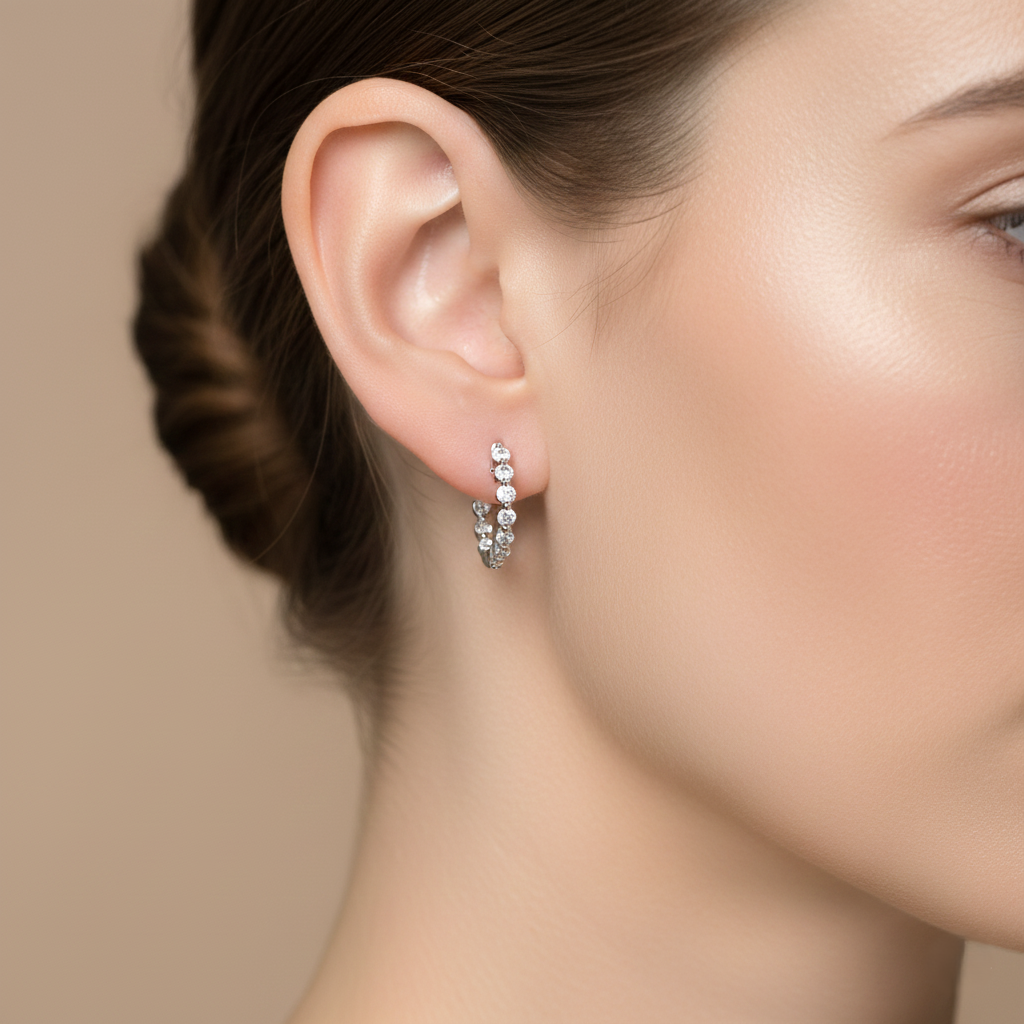 18K White Gold Claw Set In & Out Brilliant Cut Diamond Round Hoop Earrings 0.33CT