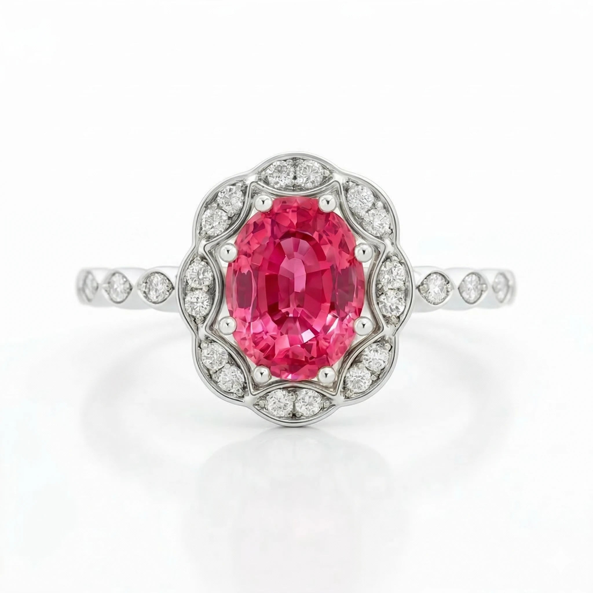 1.40ct Peach Sapphire Engagement Ring | F VS1 Diamonds | 18K Gold