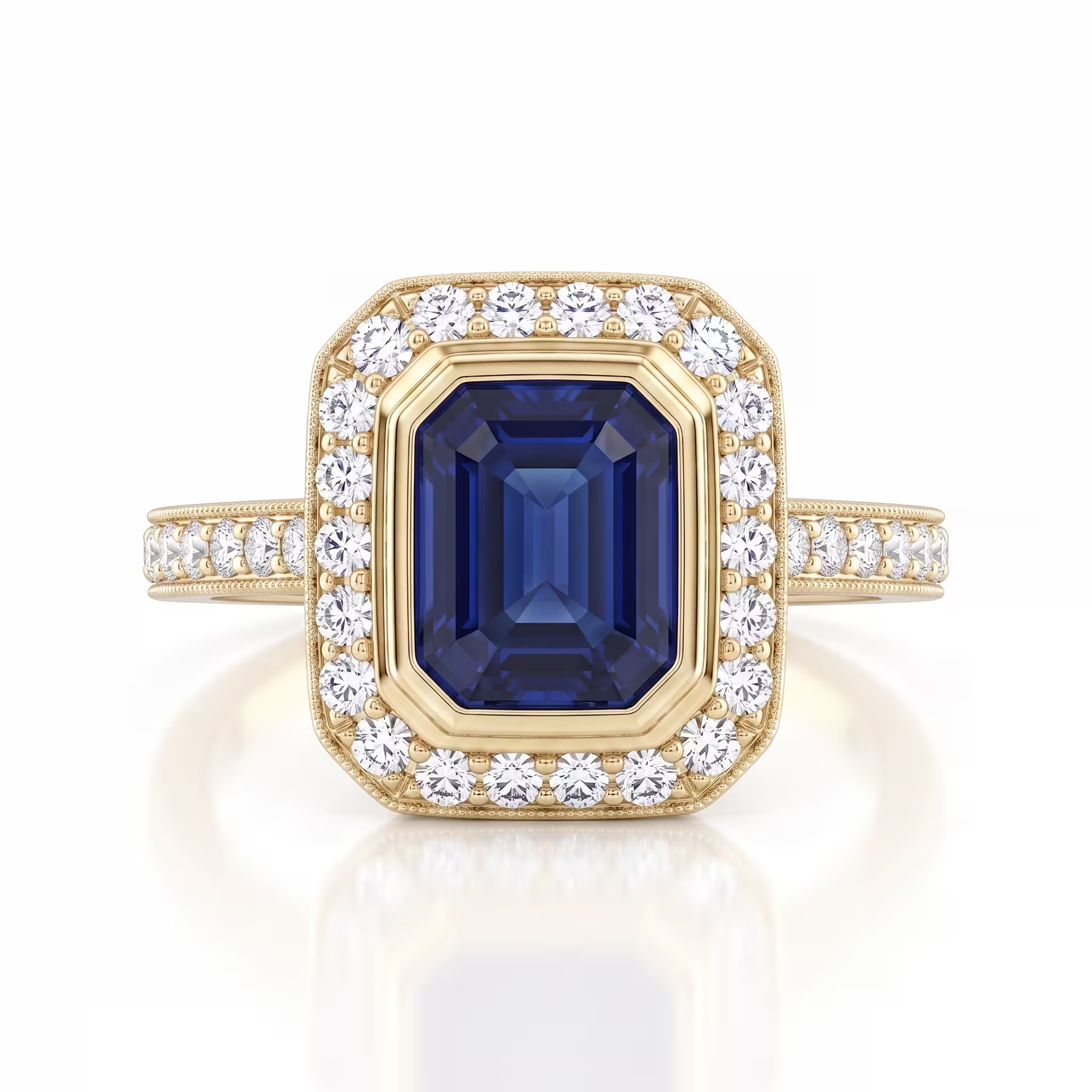 1.00ct Emerald Cut Blue Sapphire Halo Setting Engagement Ring - 18K Gold Chloe's Jewellers