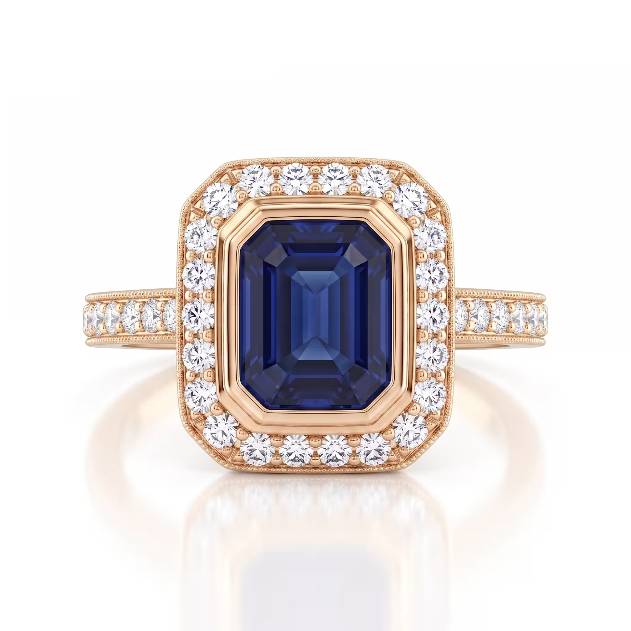 1.00ct Emerald Cut Blue Sapphire Halo Setting Engagement Ring - 18K Gold Chloe's Jewellers