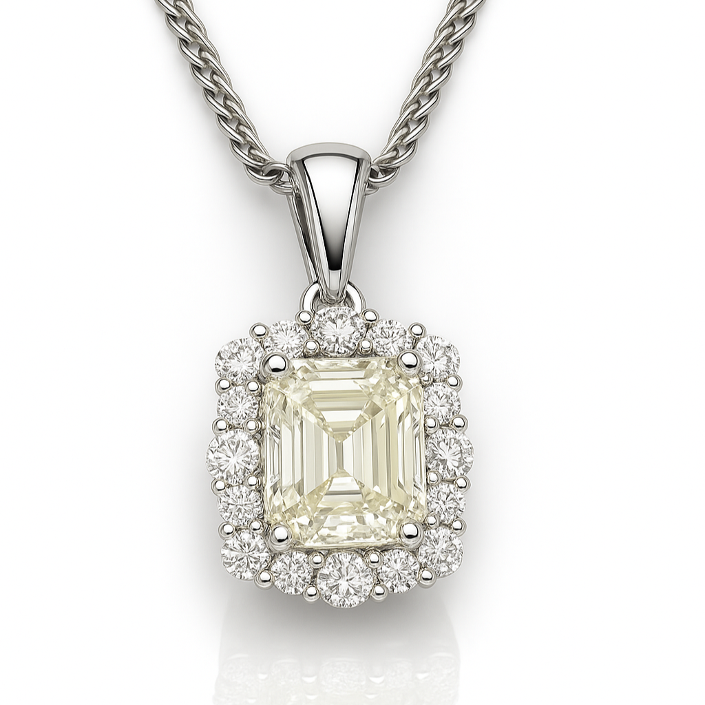18K White Gold Asscher Cut Diamond Halo Set Pendant Necklace 1.32CT