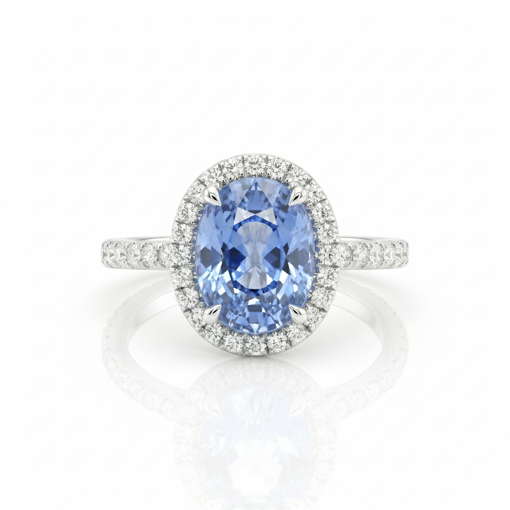 1.36ct Oval Shape Blue Sapphire Halo Setting Engagement Ring