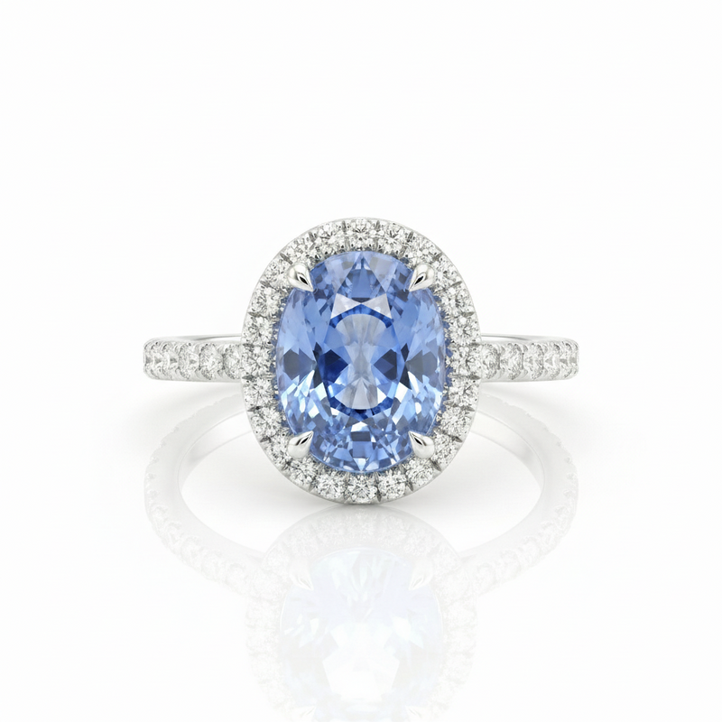 1.36ct Oval Shape Blue Sapphire Halo Setting Engagement Ring
