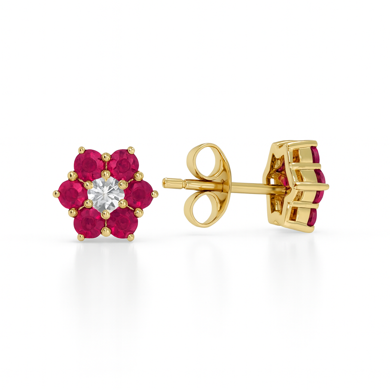 Cluster Setting With Centre Round Diamond and Halo Round Ruby Stud Earrings