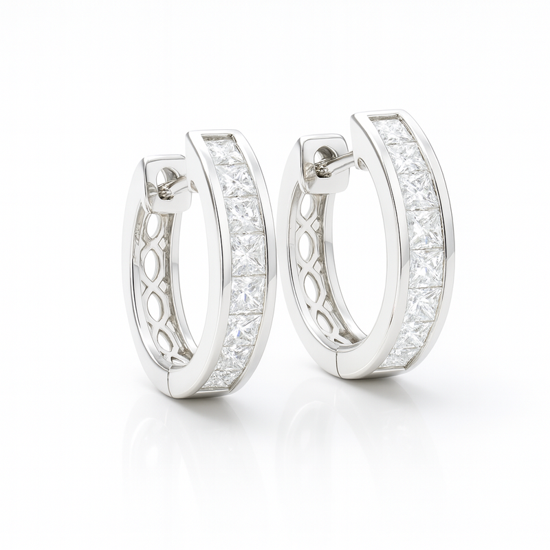 18K White Gold Channel Set Princess Diamond Hoop Earrings 0.49CT