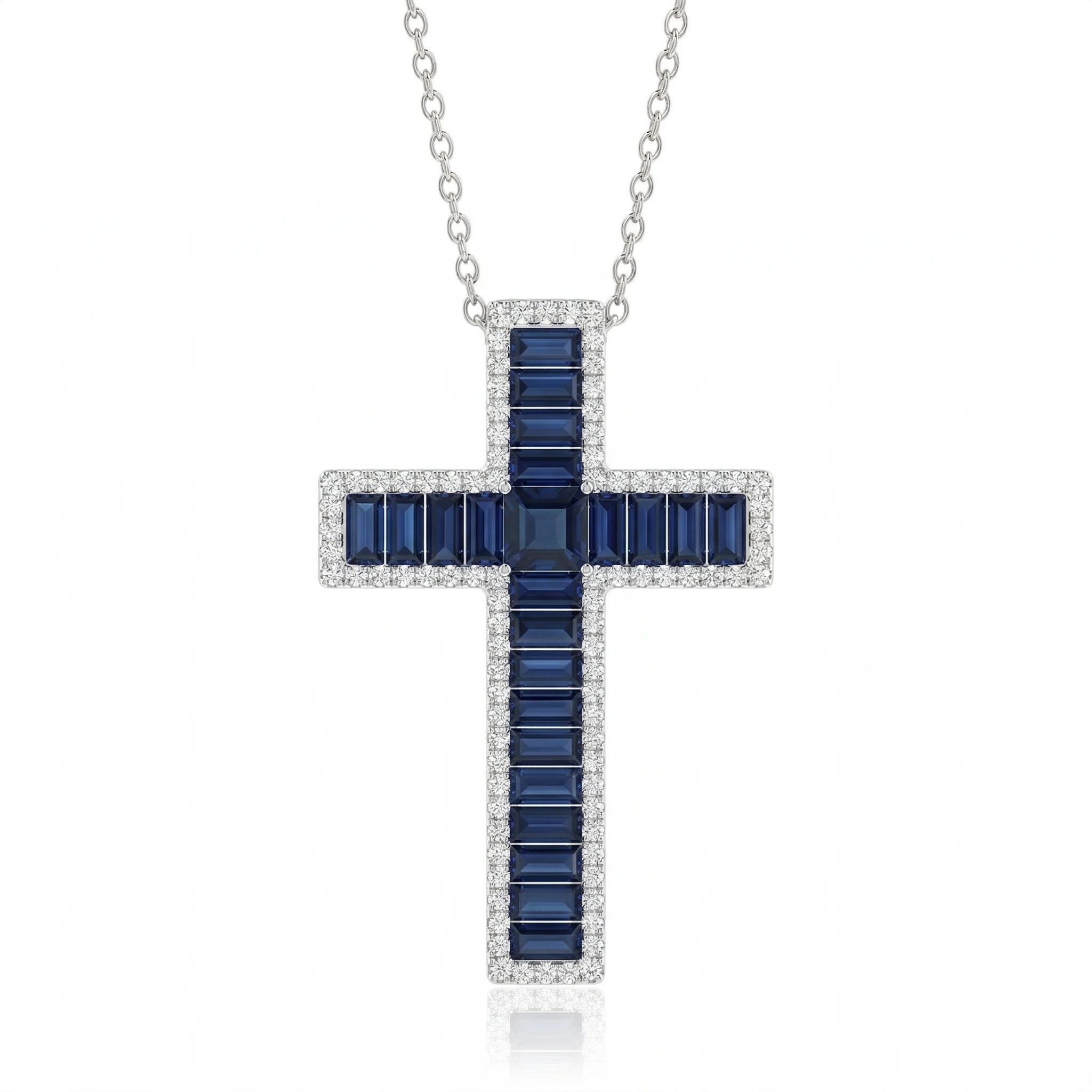 2.26ct Blue Sapphire & 0.56ct Natural Diamond Cross Pendant Necklace in 18K White Gold