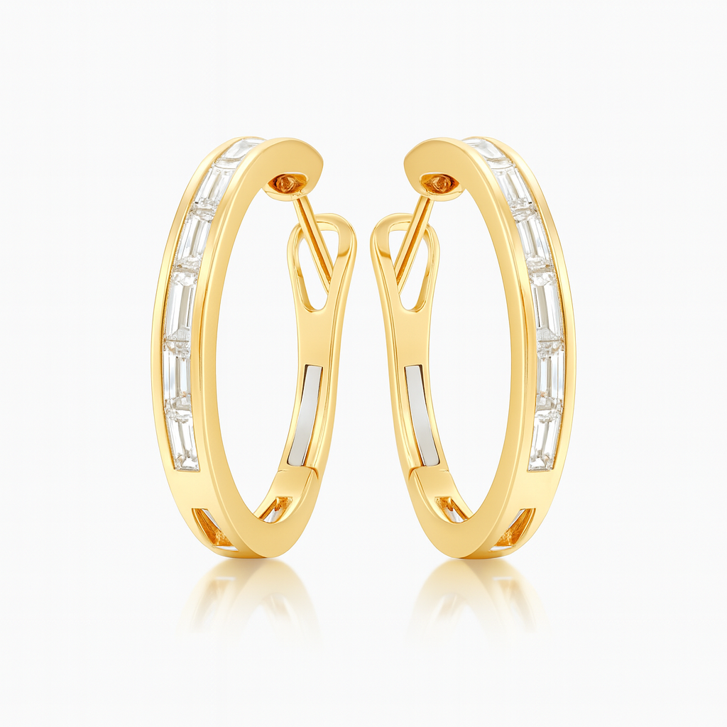 Channel set In Out Baguette Diamond Hoop Earring