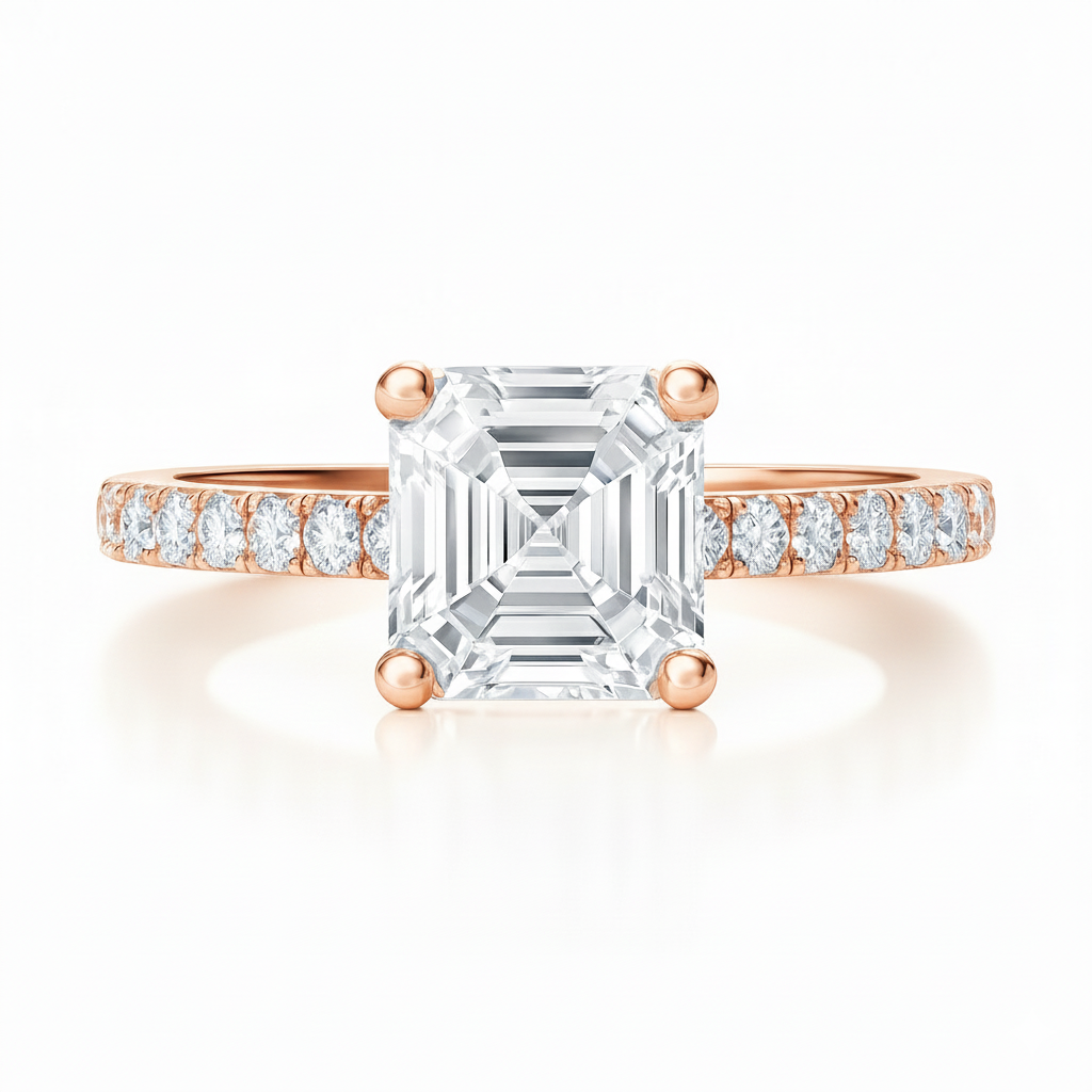 4 Prongs Natural Asscher Cut Shoulder Diamond Setting Engagement Ring