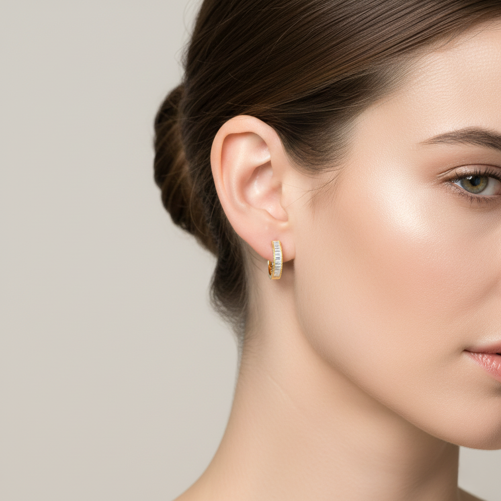 Channel Set Baguette Cut Diamond Round Hoop Earrings