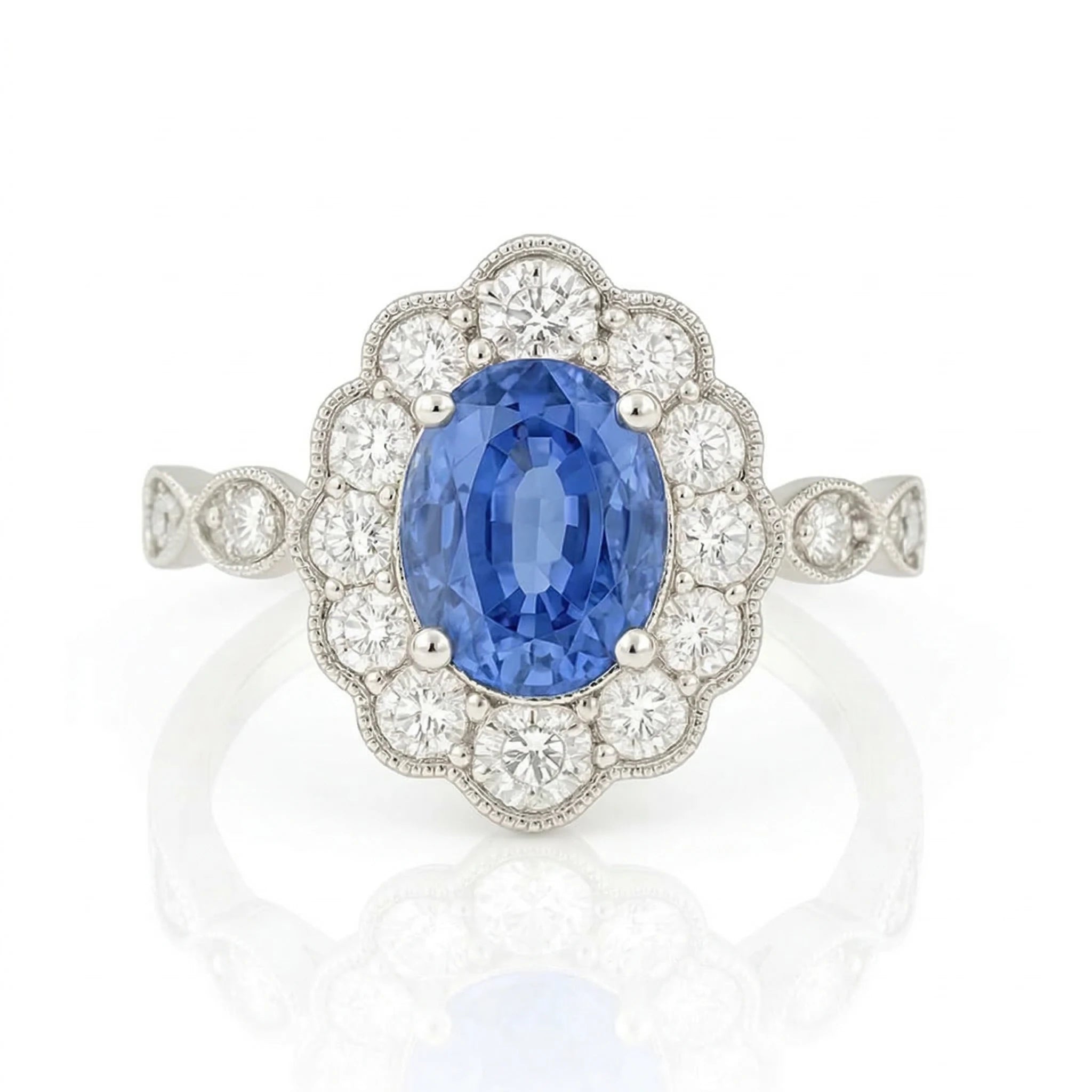 2.02ct Blue Sapphire Ring – Oval Halo, 18K Gold, F VS1 Diamonds