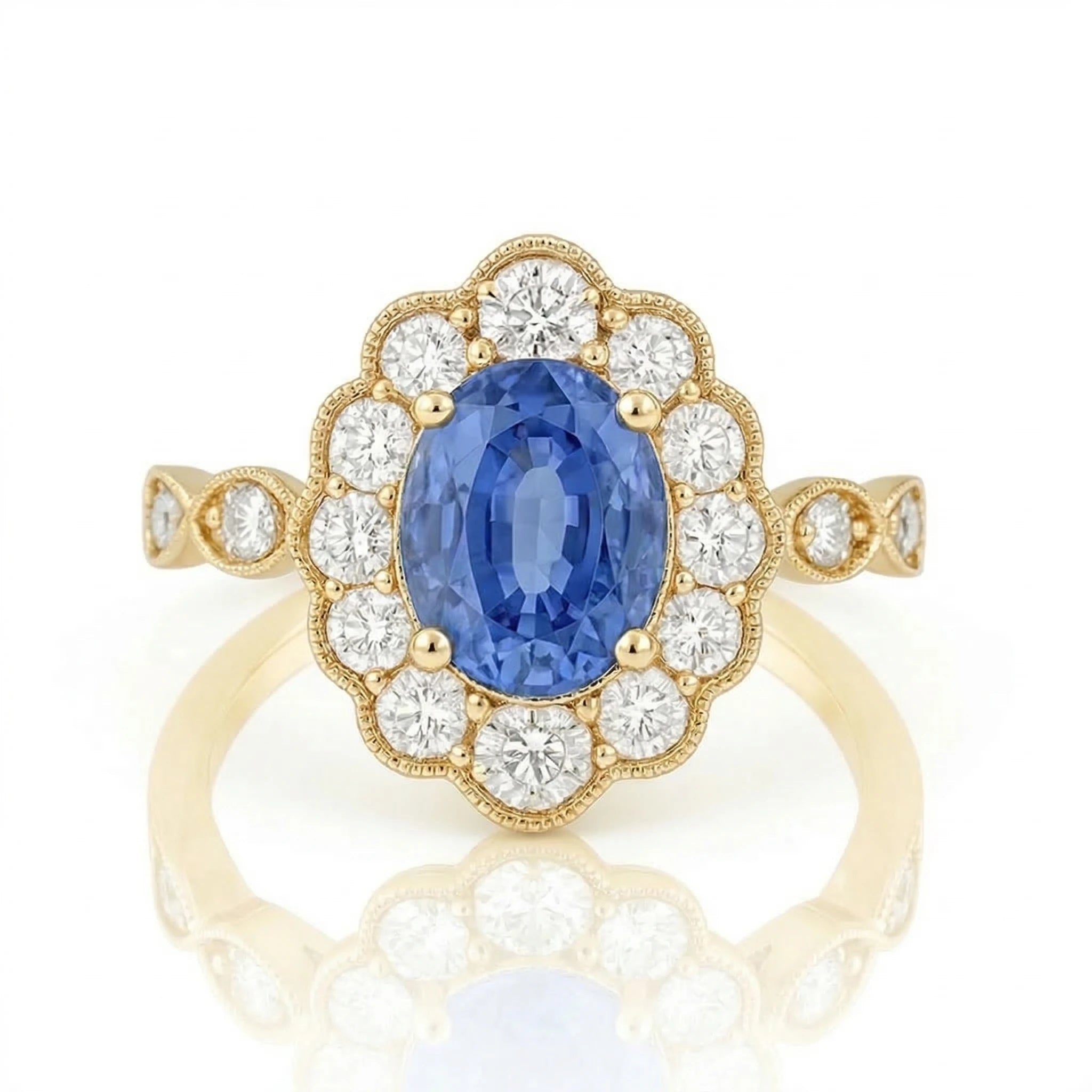 2.02ct Blue Sapphire Ring – Oval Halo, 18K Gold, F VS1 Diamonds Chloe's Jewellers