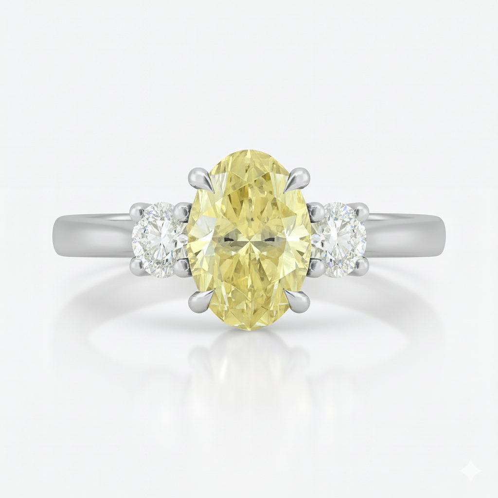 Trilogy Setting Natural Fancy Intense Yellow Oval Diamond Engagement Ring