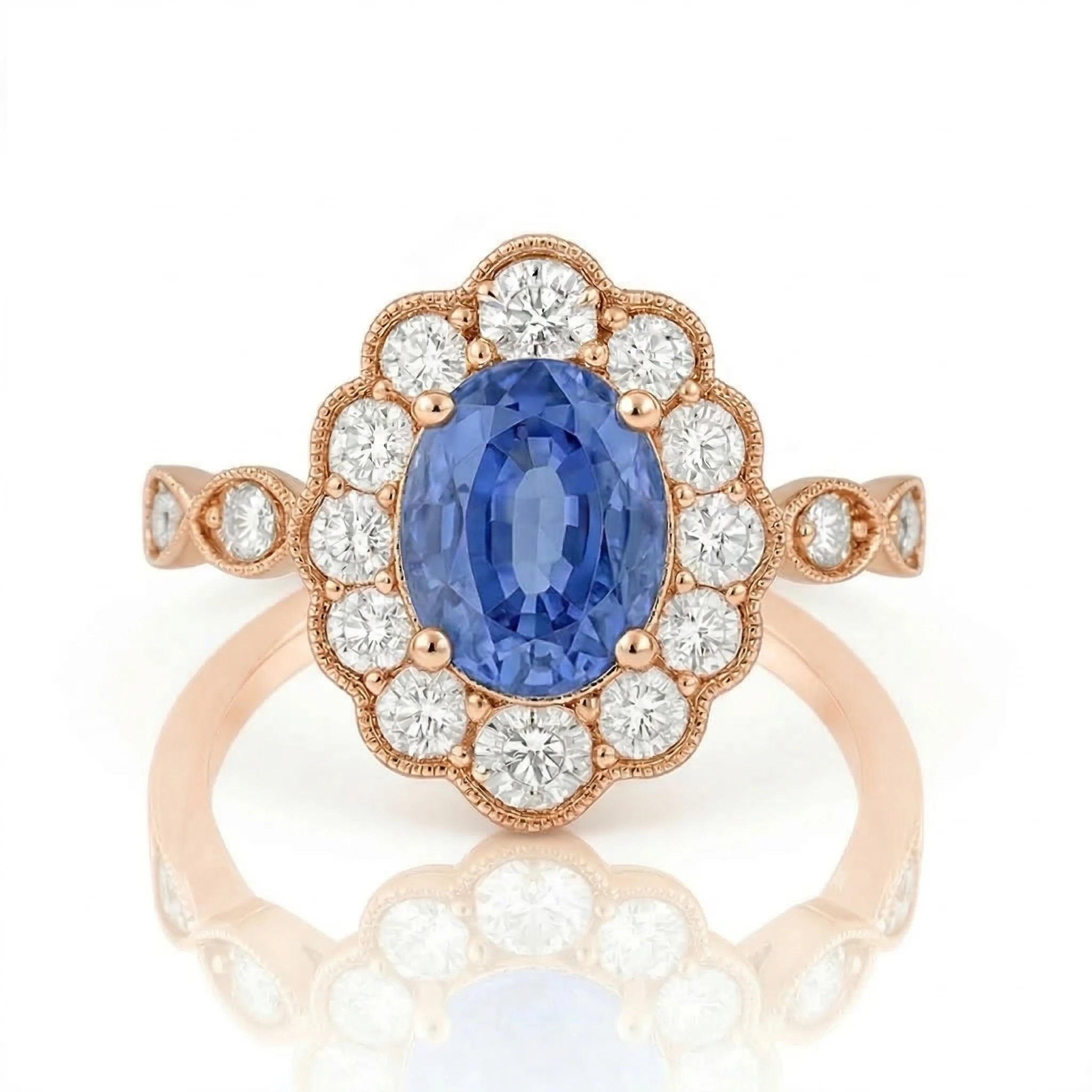 2.02ct Blue Sapphire Ring – Oval Halo, 18K Gold, F VS1 Diamonds Chloe's Jewellers