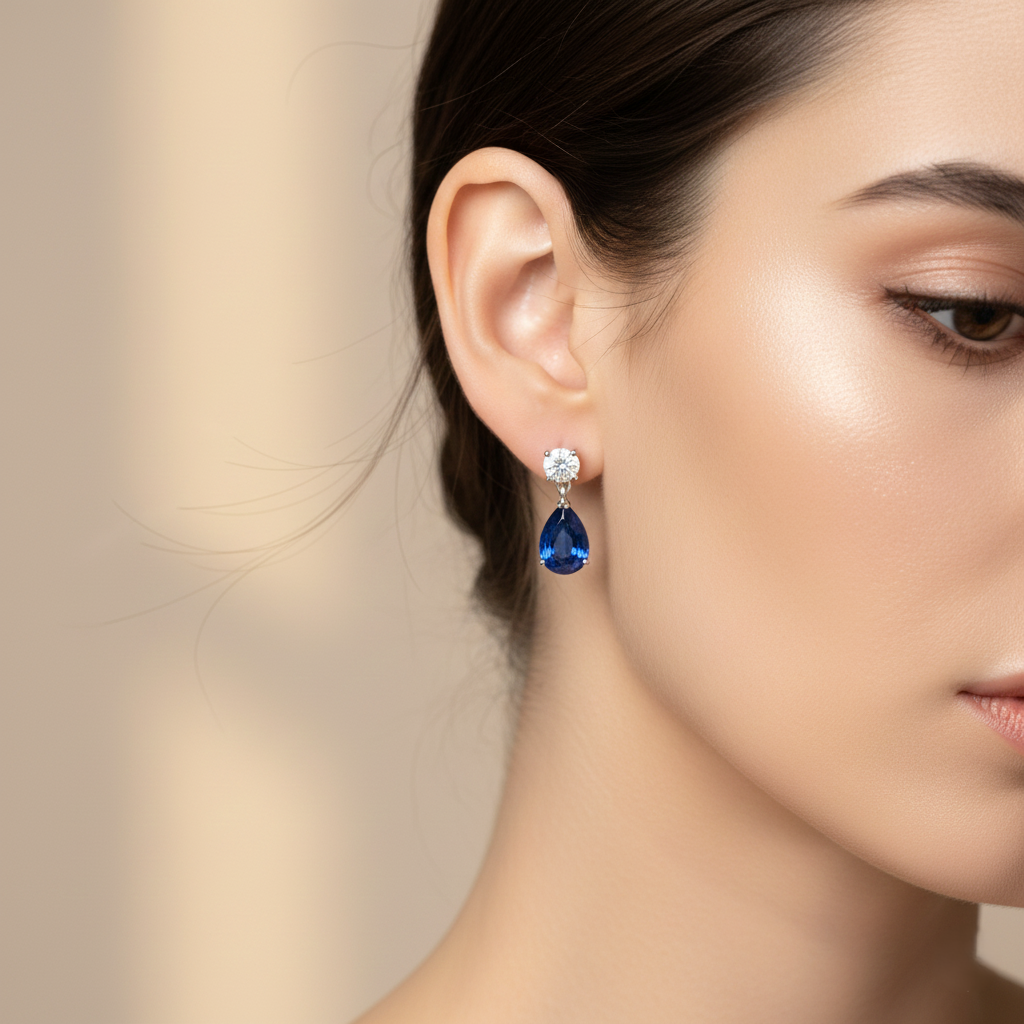 18K White Gold Pear Shape Blue Sapphire Drop Earrings 4ct