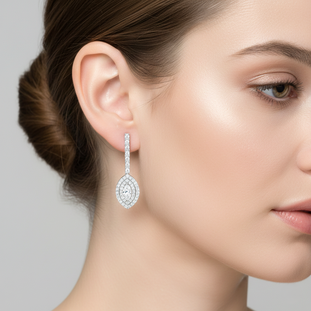 White Gold Marquise Diamond Double Halo Drop Earrings