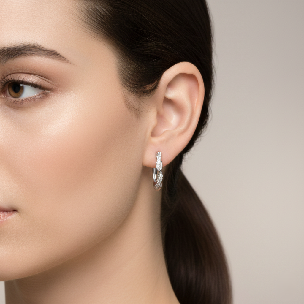 18K White Twisted Design Round Diamond Hoop Earrings 0.46CT