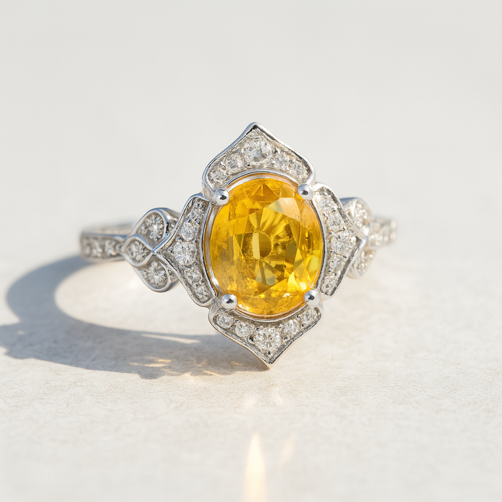 1.47ct Yellow Sapphire Ring – Oval Halo, 18K Gold, F VS1 Diamonds