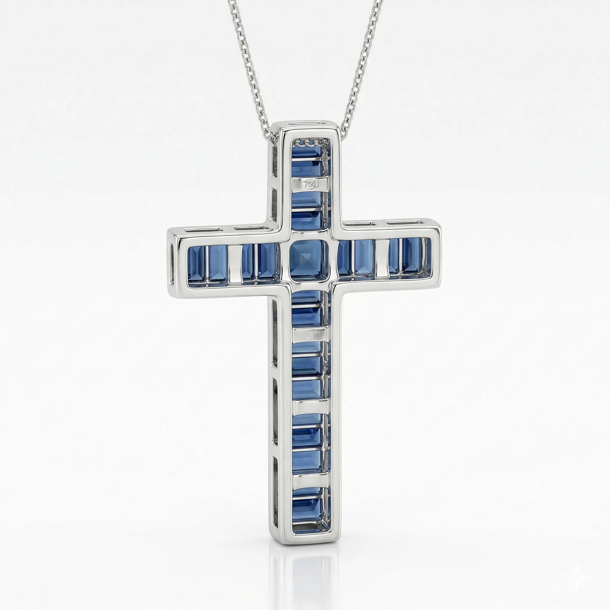 2.26ct Blue Sapphire & 0.56ct Natural Diamond Cross Pendant Necklace in 18K White Gold