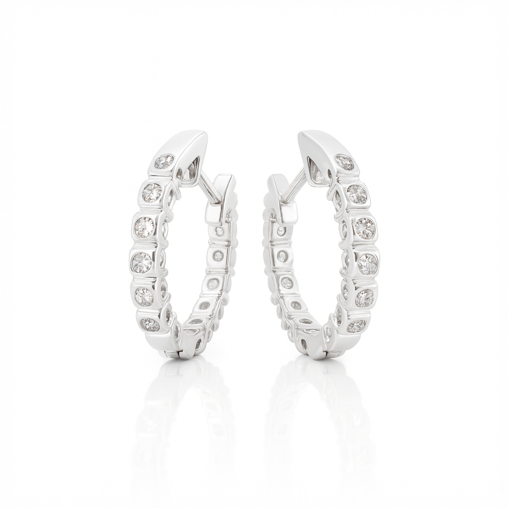 18K White Gold Claw Set In & Out Brilliant Cut Diamond Round Hoop Earrings 0.46CT