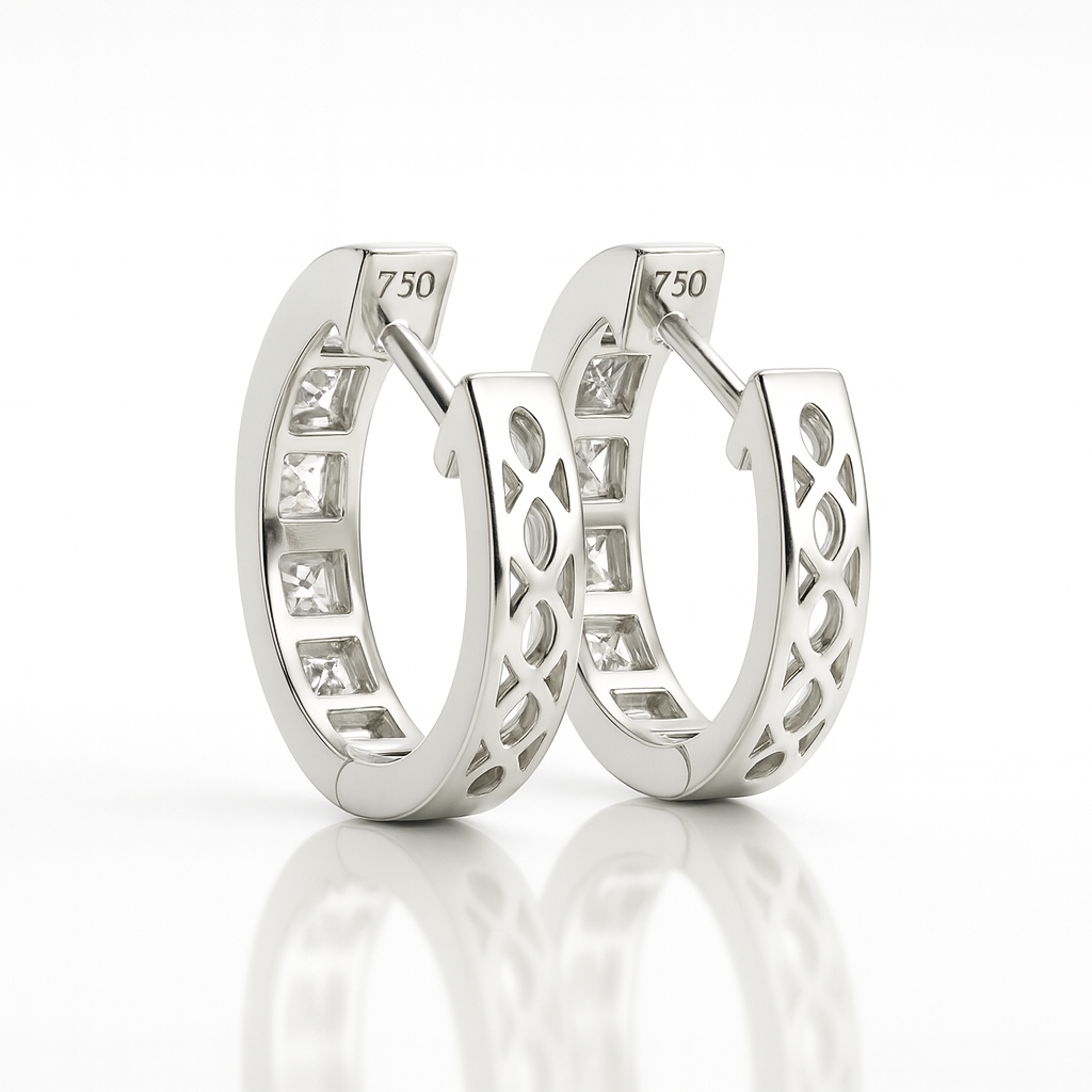 18K White Gold Channel Set Princess Diamond Hoop Earrings 0.23CT