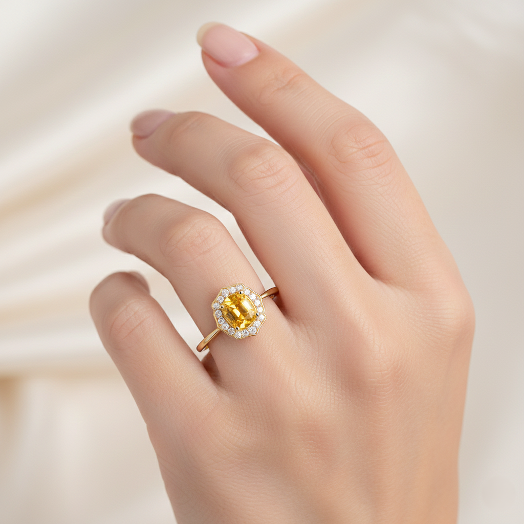 Yellow Sapphire & Diamond Halo Engagement Ring – 1.90ct Sapphire, 0.15ct F/VS1 Diamonds