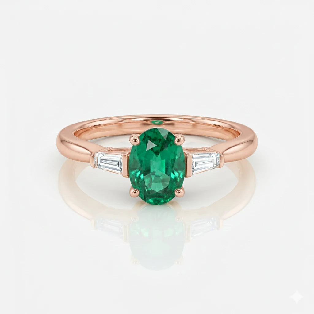 0.60ct Oval Cut Emerald Engagement Ring with Two Side Stones Chloe's Jewellers