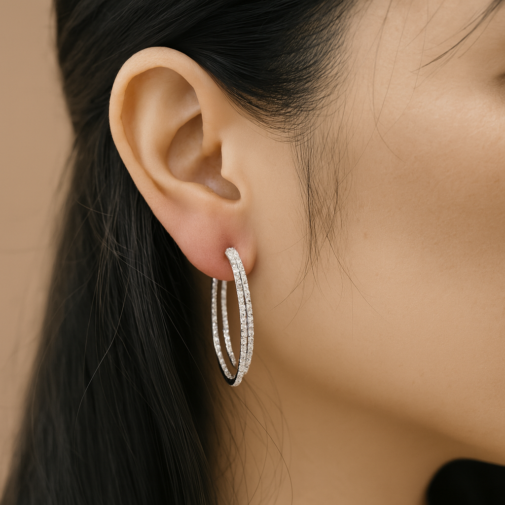Double Oval Grain Set Diamond Gold Hoop Earrings