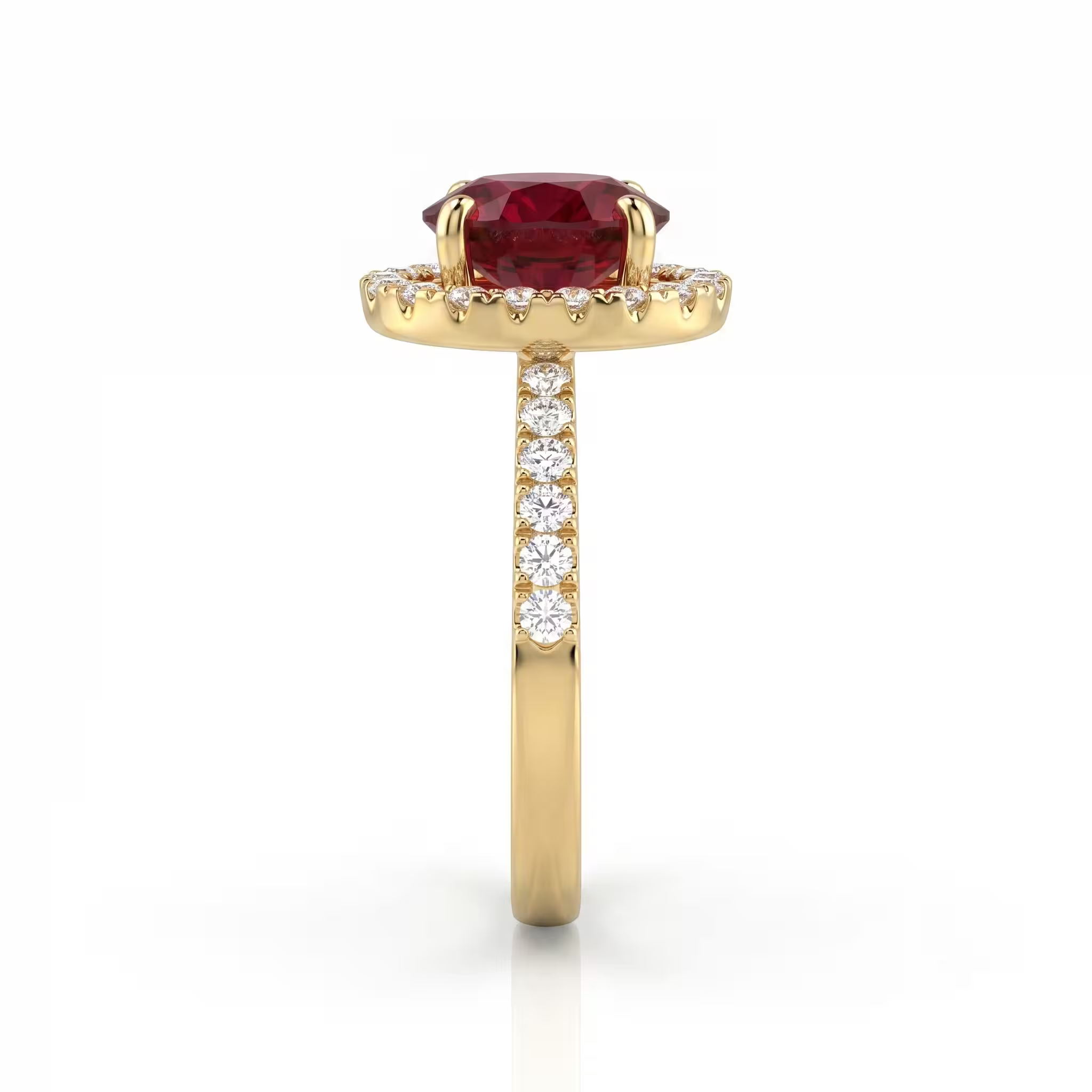 2.02ct Thai Ruby Ring – Oval Halo Setting, 18K Gold, E VS1 Diamonds Chloe's Jewellers