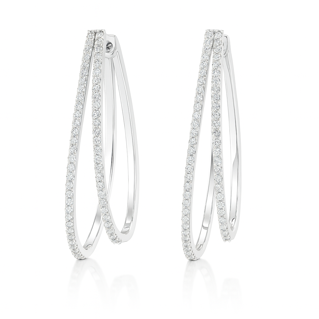 Double Oval Grain Set Diamond Gold Hoop Earrings