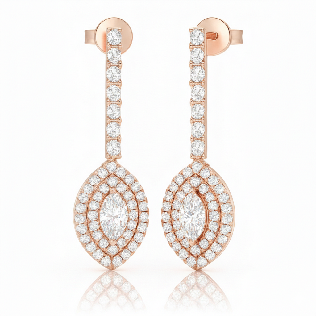 White Gold Marquise Diamond Double Halo Drop Earrings