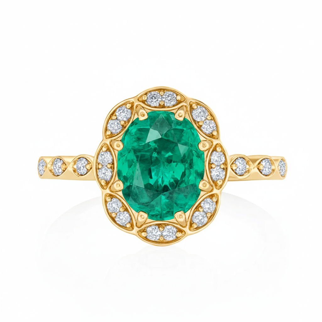 2.02ct Emerald Engagement Ring – Oval Halo, 18K Gold, F VS1 Diamonds