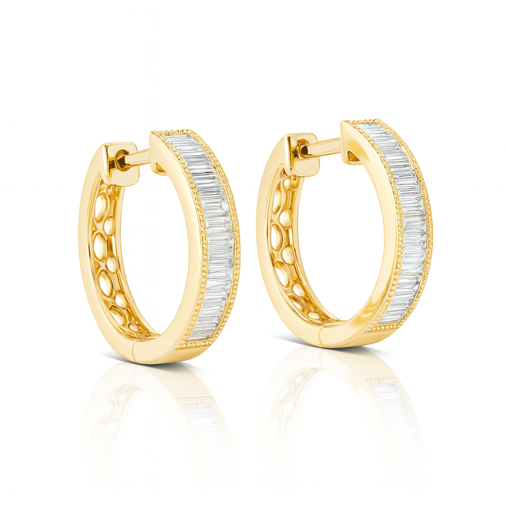 Channel Set Baguette Cut Diamond Round Hoop Earrings